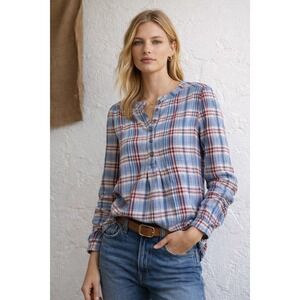 Madewell Plaid Linen Cotton Henley Blouse Small Blue Red Long Sleeve